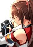  1girl absurdres bangs brown_hair closed_eyes commentary_request eyebrows_visible_through_hair flower from_behind gift hair_flower hair_ornament highres holding holding_gift kantai_collection katsuobushi_(eba_games) long_hair ponytail smile solo upper_body yamato_(kancolle) 