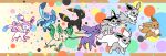 black_eyes blue_eyes brown_eyes closed_eyes colored_sclera commentary_request eevee espeon flareon forehead_jewel full_body gen_1_pokemon gen_2_pokemon gen_4_pokemon gen_6_pokemon glaceon gradient gradient_background happy highres jolteon leafeon muguet no_humans open_mouth pokemon pokemon_(creature) running smile standing sylveon umbreon vaporeon yellow_sclera 
