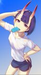  1girl adjusting_hair alternate_costume arm_up bangs blue_background blue_shorts blunt_bangs breasts casual collarbone commentary_request contemporary cowboy_shot eyebrows_visible_through_hair eyeshadow fang fang_out fate/grand_order fate_(series) food food_in_mouth from_above gradient gradient_background grey_shirt gym_shirt gym_shorts hand_on_hip highres horns kotoribako leaning_forward looking_at_viewer looking_up makeup mouth_hold oni oni_horns parted_lips popsicle purple_hair shirt short_hair short_sleeves shorts shuten_douji_(fate) signature skin-covered_horns small_breasts solo standing tsurime violet_eyes 