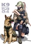  1girl assault_rifle bag camouflage camouflage_skirt dog german_shepherd gloves grey_eyes grey_hair gun headset highres k9 knee_pads kneeling load_bearing_vest looking_to_the_side m4_carbine military original ponytail pouch rifle shadow shoes shoulder_bag simple_background skirt sneakers solo suppressor toshi_(pixiv6514) weapon white_background 