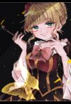  beatrice_(umineko) blonde_hair bug butterfly dress eyebrows_visible_through_hair flower frilled_sleeves frills green_eyes hair_flower hair_ornament holding holding_pipe insect pink_ribbon pipe red_flower red_rose ribbon rose simple_background smile tanakani39 umineko_no_naku_koro_ni wide_sleeves yellow_butterfly 