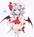  1girl back_bow bat_wings blue_hair border bow commentary_request cravat fang grey_border hand_on_hip hat hat_ribbon katai_(nekoneko0720) looking_at_viewer mob_cap open_mouth outstretched_arm pink_headwear pink_shirt pink_skirt red_bow red_eyes red_neckwear red_ribbon remilia_scarlet ribbon shirt short_hair short_sleeves skirt smile solo spoken_object touhou upper_body white_background wings wrist_cuffs 