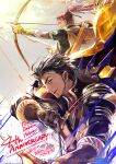  2boys black_hair blue_eyes bow_(weapon) claude_von_riegan earrings facial_hair fire_emblem fire_emblem:_path_of_radiance fire_emblem:_radiant_dawn fire_emblem:_three_houses fire_emblem_heroes gloves highres holding holding_weapon jewelry looking_at_viewer looking_away multiple_boys ponytail redhead shinon_(fire_emblem) wada_sachiko weapon 