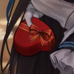  blu blue_archive bow box breasts close-up gift gift_box gift_wrapping gloves highres karin_(blue_archive) kkamangbeleukkamang long_hair skirt 