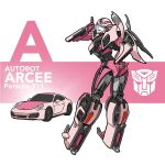  1girl arcee autobot blue_eyes car character_name english_commentary ground_vehicle hand_on_hip leaning_forward looking_back mecha motor_vehicle no_humans pointing porsche porsche_911 procreate_(medium) science_fiction smile theamazingspino transformers 