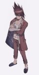  1boy bangs bojue_(hakus_1128) brown_hair collarbone commentary_request crossed_arms dangan_ronpa_(series) dangan_ronpa_v3:_killing_harmony facial_hair full_body grey_shirt highres jacket long_sleeves looking_at_viewer male_focus momota_kaito open_clothes open_shirt pants pink_jacket pink_pants print_shirt shirt shoes short_hair simple_background solo space_print spiky_hair standing starry_sky_print white_background white_shirt 