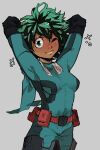  1girl ;) arms_behind_head arms_up belt_pouch black_footwear bodysuit boku_no_hero_academia boots borrowed_design breasts dark_skin dark-skinned_female elbow_pads english_commentary freckles genderswap genderswap_(mtf) green_bodysuit green_eyes green_hair highres knuxy looking_at_viewer messy_hair midoriya_izuku one_eye_closed pouch short_hair small_breasts smile solo standing thigh-highs thigh_boots 