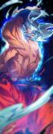  1boy abs arm_up attack aura blurry blurry_foreground covered_face dark_background darkness depth_of_field dragon_ball dragon_ball_super energy_ball feet_out_of_frame fighting_stance glowing glowing_eyes grey_eyes grey_hair light_particles looking_at_viewer male_focus muscular muscular_male ommmyoh orange_pants pants pectorals shirt shirtless solo son_goku spiked_hair torn_clothes torn_shirt ultra_instinct veins wide-eyed wristband 