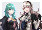  2girls :d between_breasts black_cape black_gloves black_hairband border breasts byleth_(fire_emblem) byleth_eisner_(female) cape closed_mouth corrin_(fire_emblem) corrin_(fire_emblem)_(female) fire_emblem fire_emblem:_three_houses fire_emblem_fates floating_hair gloves green_eyes green_hair grey_background hairband highres long_hair looking_at_viewer medium_breasts multiple_girls open_mouth outside_border pointy_ears red_eyes shinae shiny shiny_hair sideboob silver_hair smile upper_body very_long_hair white_border 