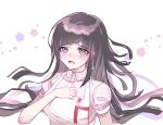  1girl :d apron bandages bangs black_hair blush breasts collared_shirt commentary_request dangan_ronpa_(series) dangan_ronpa_2:_goodbye_despair hand_up highres large_breasts long_hair looking_at_viewer messy_hair mole mole_under_eye open_mouth pink_shirt shirt short_sleeves smile solo striped tears tsumiki_mikan upper_body upper_teeth white_background yomu_(dangan_yomu) 