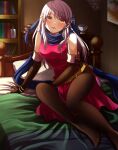  1girl bangs bare_shoulders bed bed_sheet bedroom belt black_gloves black_legwear blue_scarf blush bracelet dress elbow_gloves fingerless_gloves fire_emblem fire_emblem:_radiant_dawn gloves hair_ribbon half_updo highres indoors jewelry long_hair micaiah_(fire_emblem) on_bed pantyhose pillow ribbon scarf side_slit silver_hair sitting sleeveless sleeveless_dress solo yellow_eyes youzu 