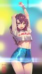  1girl absurdres arm_behind_head bangs blue_eyes blue_shorts blurry blurry_background brown_hair crop_top hair_between_eyes hand_up high-waist_shorts highres long_hair looking_at_viewer mar10 open_mouth original shorts smile solo 