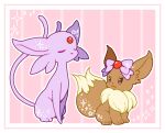  :3 border bow brown_eyes commentary_request eevee espeon forehead_jewel full_body gen_1_pokemon gen_2_pokemon looking_at_another muguet no_humans outline pink_background pink_bow pokemon pokemon_(creature) simple_background sitting smile sparkle striped striped_background white_border white_outline 