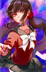  1girl bangs black_skirt blunt_bangs bow brown_hair collarbone commentary_request cowboy_shot dangan_ronpa_(series) dangan_ronpa_v3:_killing_harmony earrings hair_ornament hair_scrunchie hairclip hand_up harukawa_maki highres jewelry long_hair looking_at_viewer miniskirt mole niwatori_panda pleated_skirt red_eyes red_scrunchie red_shirt sailor_collar school_uniform scrunchie serafuku shirt skirt solo space_print starry_sky_print sweatdrop twintails very_long_hair white_bow 