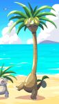  absurdres alolan_exeggutor alolan_form claws clouds commentary_request day exeggutor fangs gen_1_pokemon gen_3_pokemon gen_7_pokemon highres kareha_p no_humans open_mouth outdoors pokemon pokemon_(creature) sand shore sky standing standing_on_one_leg tongue water wingull 