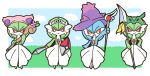  4girls alternate_color animal_ears arm_up blue_hair blue_sky blush blush_stickers border cat_ears chibi clouds commentary_request day english_commentary fake_animal_ears final_fantasy final_fantasy_xiv flower full_body gardevoir gen_3_pokemon gen_4_pokemon grass green_hair hand_on_hip hands_up happy hat highres holding holding_shield holding_spear holding_staff holding_sword holding_weapon legendary_pokemon looking_at_viewer mismagius mixed-language_commentary muguet multiple_girls open_mouth orange_eyes outdoors partial_commentary pink_flower pink_headwear pokemon pokemon_(creature) polearm purple_headwear rayquaza red_eyes shield shiny_pokemon short_hair skitty sky smile spear staff standing sword tiara weapon white_border witch_hat 