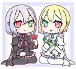  2girls alcohol black_capelet black_dress black_footwear black_legwear blonde_hair blush boots border bottle capelet chain chibi closed_mouth commentary_request crystal cup dress drinking_glass frilled_dress frills full_body green_eyes hand_up heart heart-shaped_pupils heart_in_eye heterochromia holding iris_blanche iris_noire light_blush looking_at_viewer muguet multiple_girls open_mouth outline pantyhose red_eyes rune_factory rune_factory_frontier shiny shiny_hair siblings silver_hair sisters sitting smile symbol-shaped_pupils symbol_in_eye thigh-highs white_capelet white_dress white_footwear white_legwear white_outline wine wine_bottle wine_glass 