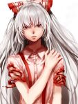  1girl blood bloody_clothes colored_eyelashes commentary_request eyebrows_visible_through_hair frown fujiwara_no_mokou grey_hair hair_ribbon highres kuya_(hey36253625) lips long_hair looking_at_viewer parted_lips red_eyes revision ribbon scowl simple_background solo suspenders tied_hair torn_clothes torn_sleeves touhou upper_body white_background white_hair 