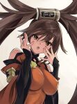  1girl bangs bare_shoulders breasts brown_eyes brown_hair china_dress chinese_clothes covered_nipples dress eyebrows_visible_through_hair guilty_gear guilty_gear_xrd hair_between_eyes hair_ring hand_on_own_face jako_(toyprn) kuradoberi_jam large_breasts long_hair long_sleeves looking_at_viewer open_mouth solo tin_can twintails white_background wide_sleeves 