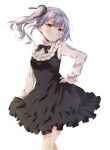  1girl absurdres adapted_costume black_dress black_ribbon blush buttons closed_mouth dress feet_out_of_frame grey_hair hair_ribbon hand_on_hip highres kantai_collection kasumi_(kancolle) kukimaru long_hair long_sleeves remodel_(kantai_collection) ribbon shirt side_ponytail simple_background solo twitter_username white_background white_shirt yellow_eyes 