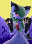  1girl :3 animal_ears bat black_gloves claw_pose claws colored_skin commentary_request fangs gardevoir gen_3_pokemon gloves green_hair green_skin hair_over_one_eye hands_up happy lamppost moon muguet multicolored multicolored_skin night open_mouth outdoors paw_gloves paws pokemon pokemon_(creature) red_eyes short_hair smile solo standing tail two-tone_skin white_skin wolf_ears wolf_tail 