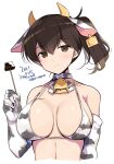  1girl animal_ears animal_print artist_name bell bikini bikini_top breasts brown_eyes brown_hair chocolate cow_ears cow_horns cow_print cowbell dated ear_tag elbow_gloves gloves horns kaga_(kancolle) kantai_collection large_breasts long_hair looking_at_viewer odawara_hakone side_ponytail simple_background solo stick swimsuit upper_body white_background white_bikini white_gloves 