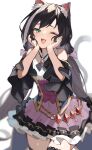  1girl ;3 ;d animal_ear_fluff animal_ears bangs black_hair blurry blush breasts brooch cat_ears cat_girl cat_tail depth_of_field detached_sleeves dress fang green_eyes hands_on_own_cheeks hands_on_own_face highres jewelry karyl_(princess_connect!) long_hair looking_at_viewer low_twintails multicolored_hair one_eye_closed open_mouth princess_connect! princess_connect!_re:dive sleeveless sleeveless_dress small_breasts smile streaked_hair tail thigh-highs twintails very_long_hair yuuuuu 