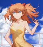  1girl bishiyuan blue_eyes blue_sky blurry breasts clouds depth_of_field dress floating_hair hair_between_eyes hand_on_hip highres interface_headset medium_breasts medium_hair neon_genesis_evangelion orange_hair railing shikinami_asuka_langley sky solo souryuu_asuka_langley sundress wide-eyed yellow_dress 