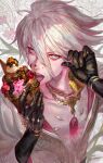  1boy absurdres arjuna_(fate) blue_eyes chest_jewel earrings eating egawa_akira fate/grand_order fate_(series) flower food food_on_face gloves hair_between_eyes highres ice_cream jewelry looking_at_viewer open_mouth shirt silver_hair solo white_shirt 
