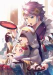  +_+ 1girl 2boys blonde_hair blue_eyes eating fire_emblem fire_emblem_heroes food gloves grey_hair hair_ornament highres hooded_robe hrid_(fire_emblem) kiran_(fire_emblem) multicolored_hair multiple_boys nakabayashi_zun sitting sitting_on_lap sitting_on_person two-tone_hair ylgr_(fire_emblem) 