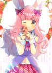  1girl ;3 animal_ear_fluff animal_ears bangs bare_shoulders blush bow box brown_eyes closed_mouth commentary_request dress eyebrows_visible_through_hair flower food fruit gift gift_box hair_bow hands_up holding holding_gift indie_virtual_youtuber kouu_hiyoyo long_hair looking_at_viewer magical_momoka navel one_eye_closed pink_hair plaid pleated_skirt polka_dot polka_dot_bow polka_dot_skirt purple_dress rabbit_ears red_bow red_skirt sailor_collar skirt sleeveless sleeveless_dress solo strawberry strawberry_blossoms striped striped_background vertical_stripes very_long_hair virtual_youtuber white_background white_flower white_sailor_collar wrist_cuffs 