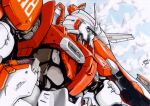  asplenia_studios blue_eyes clouds english_commentary from_below from_side gundam gundam_sentinel looking_to_the_side mecha mobile_suit no_humans science_fiction solo v-fin zeta_plus 