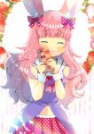  1girl :3 animal_ear_fluff animal_ears bangs bare_shoulders blush bow box closed_eyes closed_mouth dress eyebrows_visible_through_hair facing_viewer flower food fruit gift gift_box hair_bow hands_up holding holding_gift indie_virtual_youtuber kouu_hiyoyo long_hair magical_momoka navel pink_hair plaid pleated_skirt polka_dot polka_dot_bow polka_dot_skirt purple_dress rabbit_ears red_bow red_skirt sailor_collar skirt sleeveless sleeveless_dress solo strawberry strawberry_blossoms striped striped_background vertical_stripes very_long_hair virtual_youtuber white_background white_flower white_sailor_collar wrist_cuffs 