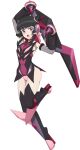  1girl absurdres bangs black_gloves black_hair black_legwear blunt_bangs breasts chuunioniika covered_navel elbow_gloves gloves highres leotard long_hair looking_at_viewer open_mouth pink_eyes pink_leotard senki_zesshou_symphogear shiny shiny_hair shiny_skin skin_tight small_breasts solo thigh-highs thighs tsukuyomi_shirabe yo-yo 