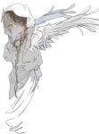  1boy aether_(genshin_impact) ahoge alternate_costume angel_wings blonde_hair braid closed_mouth genshin_impact hair_between_eyes highres hood hood_up long_hair long_sleeves looking_at_viewer male_focus pcrxle robe signature simple_background single_braid solo white_background white_robe white_wings wings yellow_eyes 