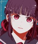  1girl bangs blunt_bangs blush close-up commentary_request dangan_ronpa_(series) dangan_ronpa_v3:_killing_harmony eyebrows_visible_through_hair face green_background hair_ornament hair_scrunchie harukawa_maki kiri_(2htkz) long_hair looking_at_viewer mole mole_under_eye portrait purple_hair red_eyes red_scrunchie sailor_collar scrunchie shirt simple_background solo star_(symbol) star_print twintails 