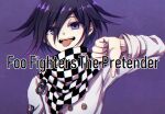  1boy :d bangs black_hair checkered checkered_scarf commentary_request dangan_ronpa_(series) dangan_ronpa_v3:_killing_harmony gradient gradient_background hair_between_eyes hand_up jacket kitsunebi_v3kokonn long_sleeves looking_at_viewer male_focus open_mouth ouma_kokichi purple_background purple_hair scarf shiny shiny_hair short_hair smile solo straitjacket thumbs_down tongue tongue_out upper_body upper_teeth violet_eyes white_jacket 