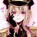  1girl absurdres black_gloves black_headwear blonde_hair blue_oath blush closed_mouth eyebrows_visible_through_hair gloves hand_on_head hat heart heart_print highres huge_filesize iwashi_(wasii_91) long_hair looking_at_viewer pink_background prinz_eugen_(blue_oath) solo_focus uniform violet_eyes 