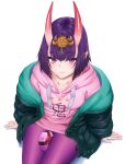  1girl bangs black_jacket blush bob_cut breasts casual contemporary drawstring eyeliner fate/grand_order fate_(series) headpiece highres hood hooded_jacket hooded_sweater horns incloud jacket long_sleeves looking_at_viewer makeup oni oni_horns open_clothes open_jacket pink_sweater purple_hair short_hair shuten_douji_(fate) simple_background skin-covered_horns small_breasts smile sweater under_the_same_sky violet_eyes white_background 