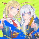  2girls blonde_hair blue_eyes blue_nails collared_shirt crow_(aaaaaaa068345) gawr_gura grey_hair grin hair_ornament hand_on_own_chin highlights highres hololive hololive_english hood hoodie marker multicolored_hair multiple_girls nail_polish necktie polearm shark shark_hair_ornament shirt short_hair smile spray_paint trident watson_amelia weapon 
