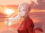  1girl crying crying_with_eyes_open edelgard_von_hresvelg fire_emblem fire_emblem:_three_houses floating_hair gloves highres long_hair looking_at_viewer outdoors red_gloves shiny shiny_hair silver_hair solo_focus sunrise tears violet_eyes watayumi_leo 