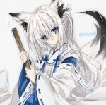  1boy akatsuki_(ggsy7885) animal_ears artist_name bangs blue_eyes bow broom closed_mouth eyebrows_visible_through_hair fox_ears fox_tail from_side hair_between_eyes hair_bow hair_strand hands_up highres holding holding_broom japanese_clothes kimono long_hair long_sleeves looking_at_viewer looking_to_the_side male_focus original otoko_no_ko ponytail sidelocks solo standing tail tassel upper_body white_background white_hair white_kimono wide_sleeves 