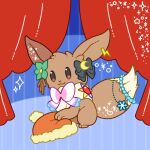  :3 black_bow blue_background bow brown_eyes commentary_request crescent curtains earrings eevee fur_trim gen_1_pokemon green_flower hat jewelry muguet no_humans orange_headwear pokemon pokemon_(creature) smile solo sparkle star_(symbol) striped striped_background 