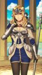  1girl armor blonde_hair breasts brown_eyes clouds fire_emblem fire_emblem_echoes:_shadows_of_valentia highres holding holding_weapon jewelry lance large_breasts long_hair looking_at_viewer mathilda_(fire_emblem) mountainous_horizon necklace pillar polearm rimviolet sky upper_body weapon 