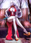  1girl absurdres bare_legs bench blue_oath breasts china_dress chinese_clothes cross cross_earrings cross_necklace dress earrings eyebrows_visible_through_hair fan gosama hand_on_own_knee high_heels highres holding holding_fan jewelry large_breasts legs long_hair looking_at_viewer necklace red_dress red_eyes scharnhorst_(blue_oath) silver_hair simple_background sitting sitting_on_bench smile solo thighs yellow_footwear 