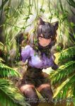  1girl animal_ears black_fur black_gloves black_hair black_jaguar_(kemono_friends) black_legwear black_skirt blue_eyes blush bow bowtie center_frills commentary_request elbow_gloves eyebrows_visible_through_hair frills fur_collar gloves high-waist_skirt jaguar_ears jaguar_girl jaguar_print jaguar_tail jungle kemono_friends kemono_friends_3 leaf nature official_art plant pleated_skirt print_gloves print_legwear print_skirt purple_shirt shirt short_hair short_sleeves skirt solo tail thigh-highs translated ueo_(ueooo) vines zettai_ryouiki 