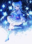  1girl :d blue_hair blue_ribbon blue_theme capelet leg_up long_sleeves low_twintails noyu_(noyu23386566) open_mouth original ribbon skirt smile solo star_(symbol) thighlet twintails violet_eyes 