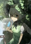  1girl absurdres bangs black_bow black_hairband black_neckwear blue_eyes blue_sky blurry_foreground blush bob_cut bow bowtie collared_shirt commentary_request day eyebrows_visible_through_hair food forest green_skirt green_vest hair_ribbon hairband highres holding holding_food konpaku_youmu konpaku_youmu_(ghost) looking_at_viewer mittu_mittu33 nature open_mouth outdoors popsicle ribbon shade shirt short_hair silver_hair skirt sky solo torii touhou tree upper_body vest white_shirt 