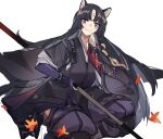  1girl animal_ears arknights bangs beads black_hair black_kimono blush breasts closed_mouth commentary cowboy_shot dog_ears elbow_gloves eyebrows_visible_through_hair facial_mark fingerless_gloves floating_hair forehead_mark gloves highres holding holding_weapon infection_monitor_(arknights) japanese_clothes kimono leaf long_hair looking_at_viewer medium_breasts pants parted_bangs polearm prayer_beads purple_gloves purple_pants saga_(arknights) simple_background smile solo straight_hair violet_eyes weapon white_background yurooe 