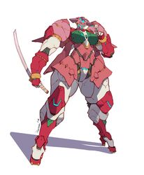  absurdres breasts getter_rekka getter_robo getter_robo_daikessen! hand_gesture highres holding holding_sword holding_weapon large_breasts looking_at_viewer mar10 mecha science_fiction shadow solo super_robot sword weapon white_background yellow_eyes 